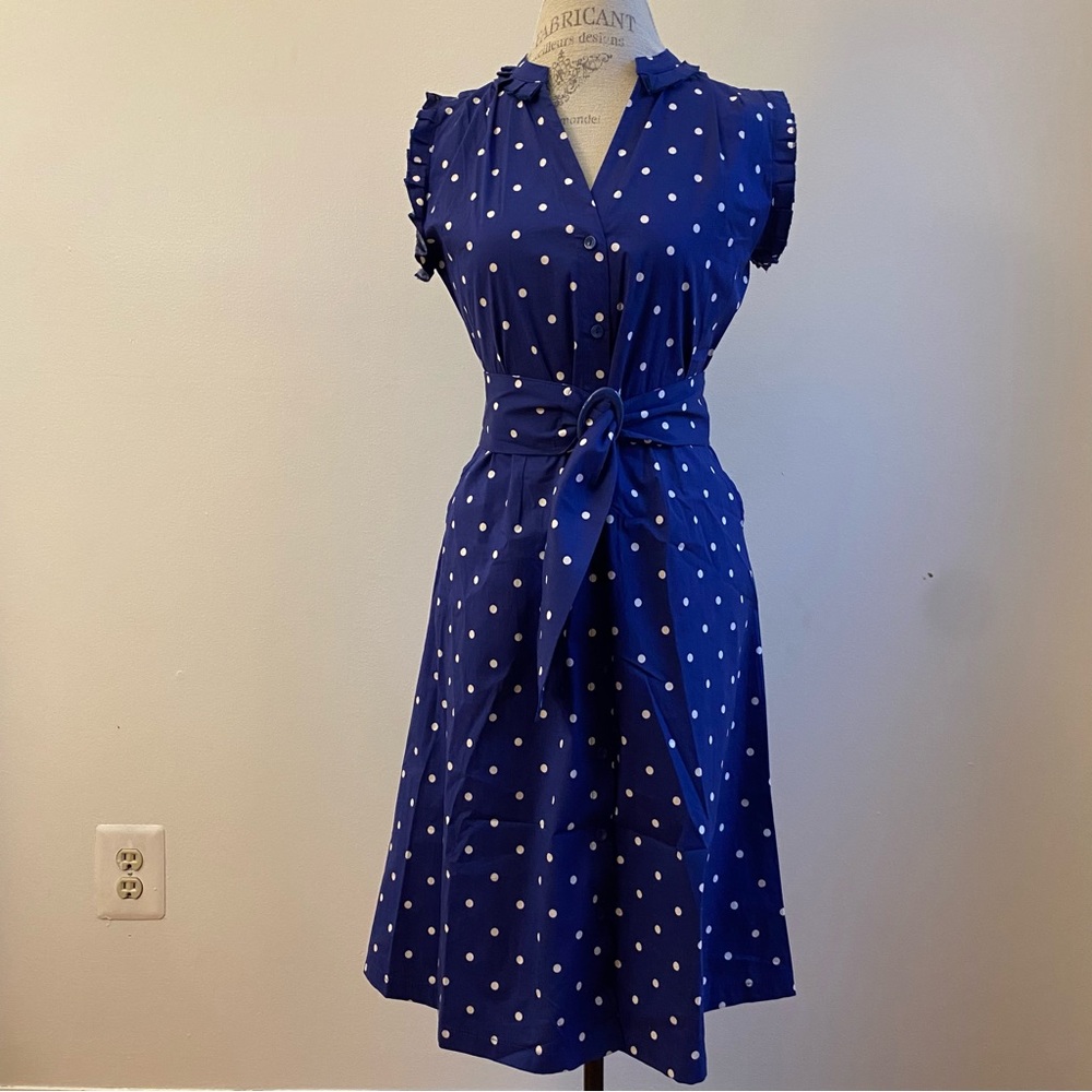 Mademoiselle YéYé Blue Dress Polka Dot Sleeveless Knee Length With Belt Size M